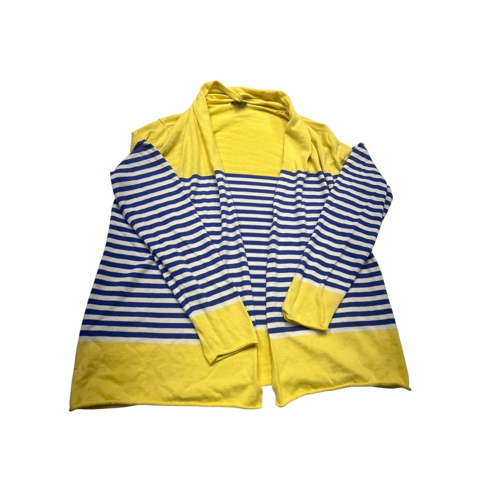 Talbots Womens Large Yellow Blue Striped Color Block Open Front Cardigan Sweater